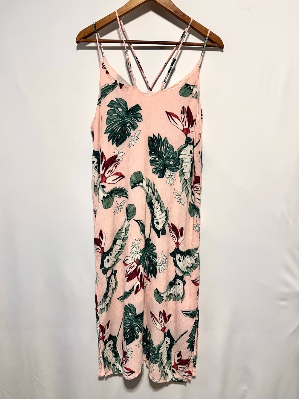 LUSH Pink Tropical Floral Palm Print Strappy Midi Dress Resort Vacation L